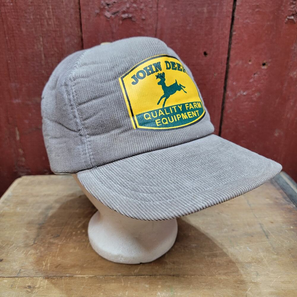 RARE Gray John Deere Corduroy Snap Back Farmer Trucker Hat